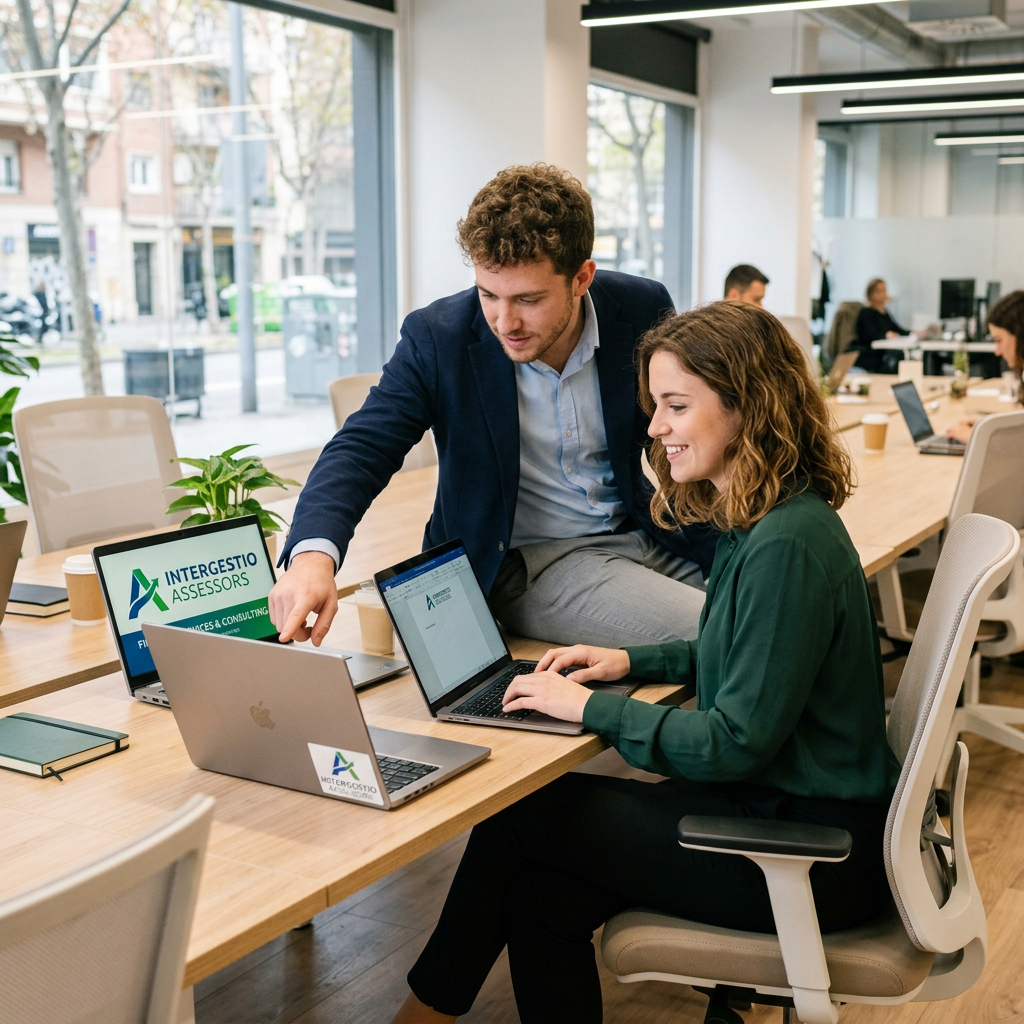 A man and woman working together on laptops in an office